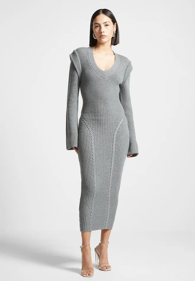 Women Manire De Voir Wide Shoulder Knitted Midaxi Dress Grey