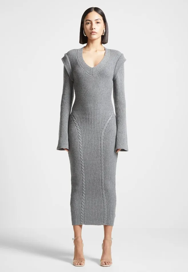 Women Manire De Voir Wide Shoulder Knitted Midaxi Dress Grey