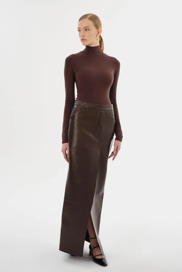 Women MARIETTE Leather Maxi Skirt Dark Brown LAMARQUE Skirts