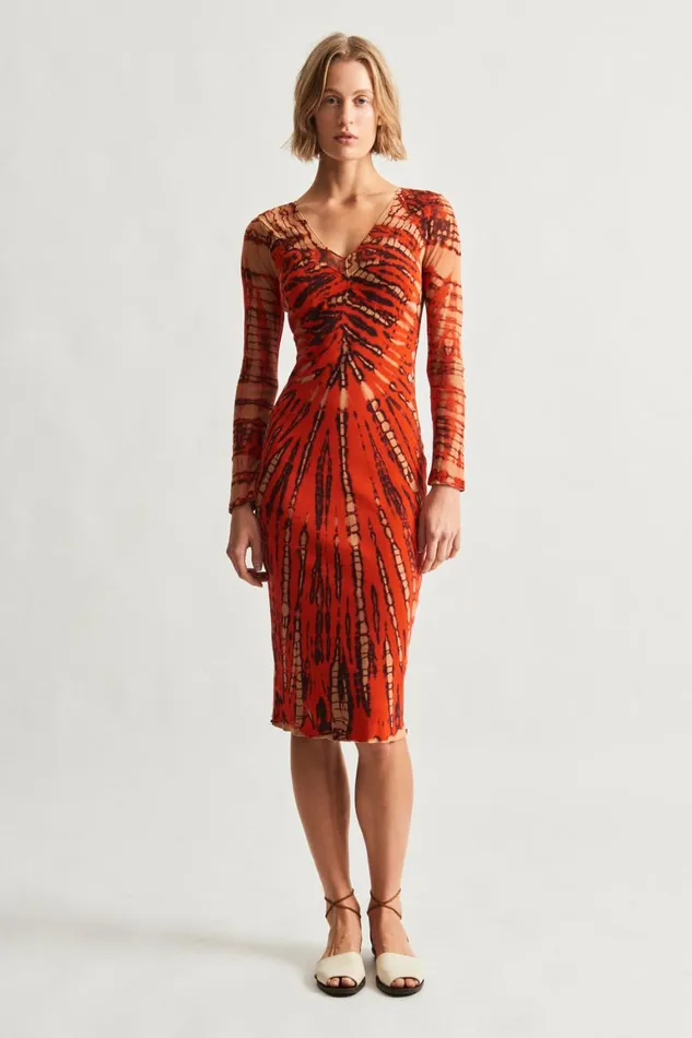 Women Mesh Tomato And Navy Long Sleeve Poppy Midi Dress Raquel Allegra Dresses