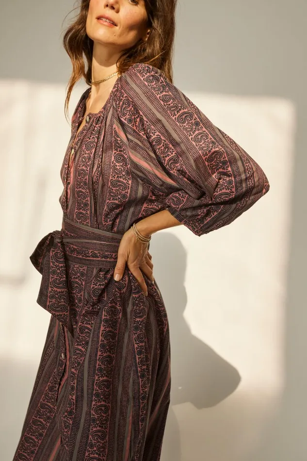 Women Natalie Martin Dresses Alex Midi With Sash Paisley Stripe Heather