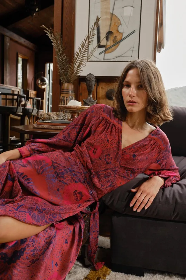 Women Natalie Martin Dresses Kate Long Sleeve Maxi Peacock Currant
