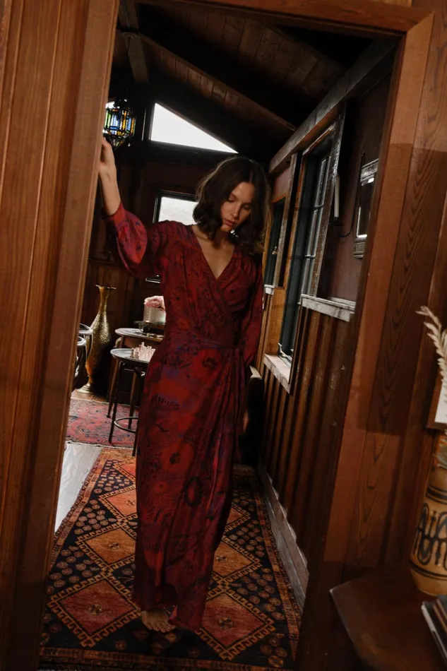 Women Natalie Martin Dresses Kate Long Sleeve Maxi Peacock Currant