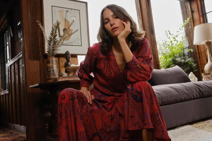 Women Natalie Martin Dresses Kate Long Sleeve Maxi Peacock Currant