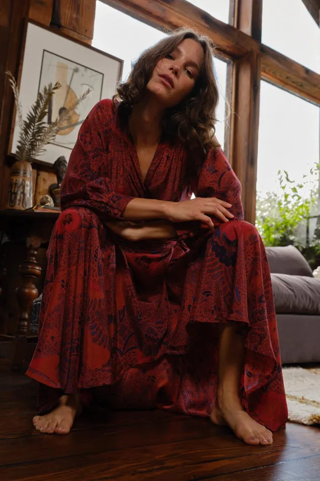 Women Natalie Martin Dresses Kate Long Sleeve Maxi Peacock Currant