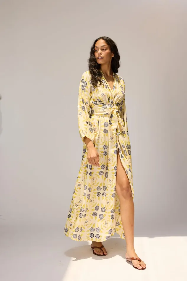 Women Natalie Martin Dresses Nico LS Maxi With Sash Prairie Indigo