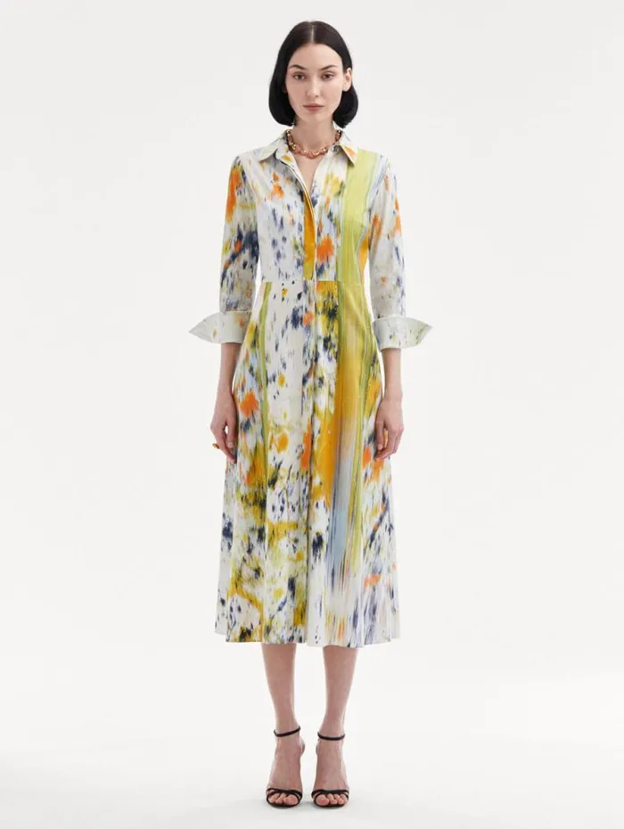 Women Oscar De La Renta Dresses 34 Sleeve Abstract Brushstroke Dress Citrine Multi Women Oscar De La Renta Dresses 34 Sleeve Abstract Brushstroke Dress Citrine Multi