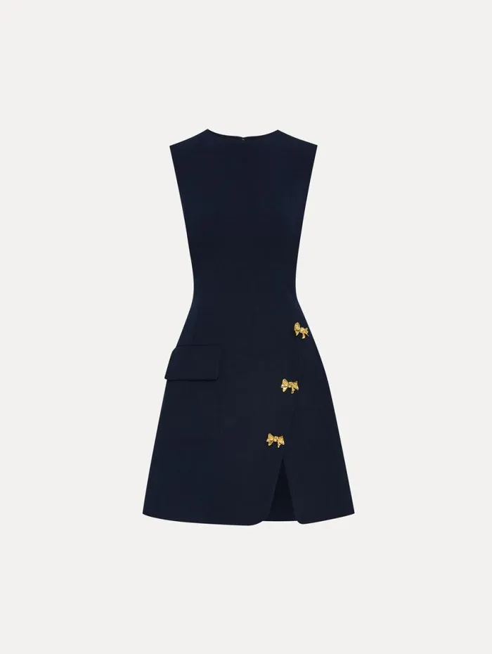 Women Oscar De La Renta Dresses Bow Button Split Skirt Dress Navy