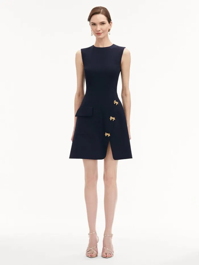 Women Oscar De La Renta Dresses Bow Button Split Skirt Dress Navy Women Oscar De La Renta Dresses Bow Button Split Skirt Dress Navy