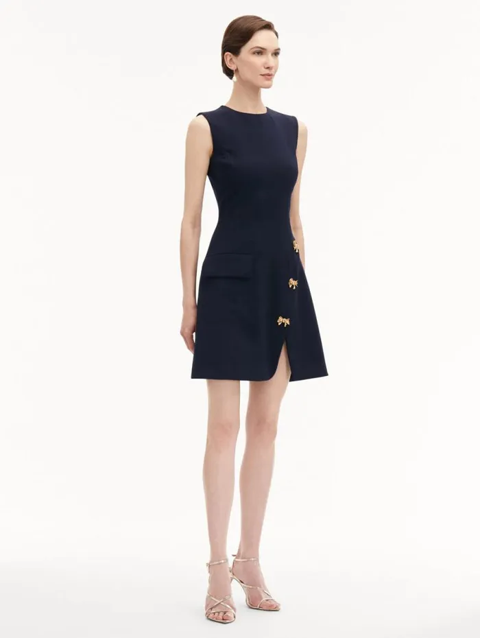 Women Oscar De La Renta Dresses Bow Button Split Skirt Dress Navy Women Oscar De La Renta Dresses Bow Button Split Skirt Dress Navy