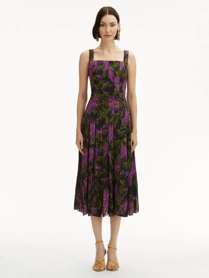 Women Oscar De La Renta Dresses Chrysanthemum Chiffon Inset Dress Purple Navy Women Oscar De La Renta Dresses Chrysanthemum Chiffon Inset Dress Purple Navy