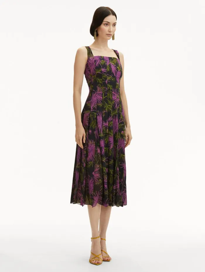 Women Oscar De La Renta Dresses Chrysanthemum Chiffon Inset Dress Purple Navy Women Oscar De La Renta Dresses Chrysanthemum Chiffon Inset Dress Purple Navy