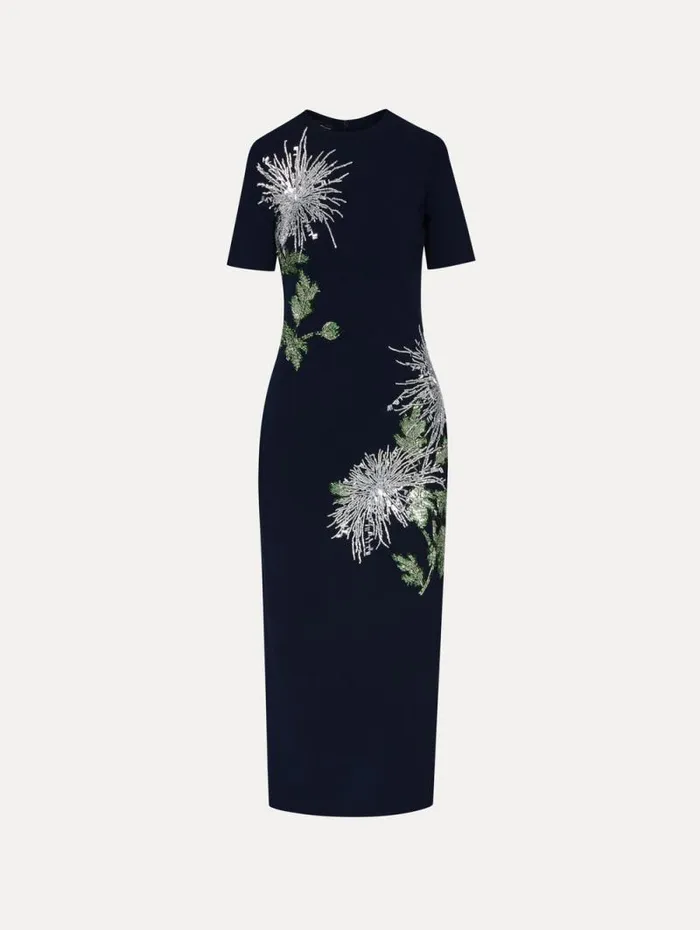 Women Oscar De La Renta Dresses Chrysanthemum Crystal Embroidered Pencil Dress Navy Women Oscar De La Renta Dresses Chrysanthemum Crystal Embroidered Pencil Dress Navy