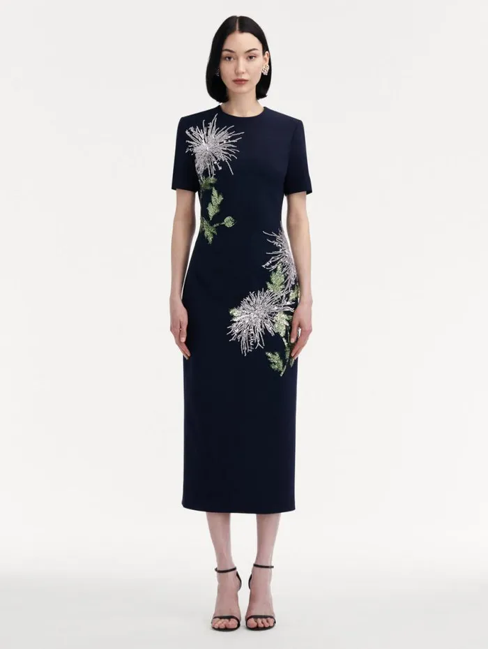 Women Oscar De La Renta Dresses Chrysanthemum Crystal Embroidered Pencil Dress Navy