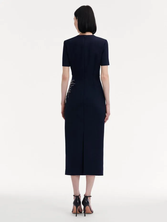 Women Oscar De La Renta Dresses Chrysanthemum Crystal Embroidered Pencil Dress Navy