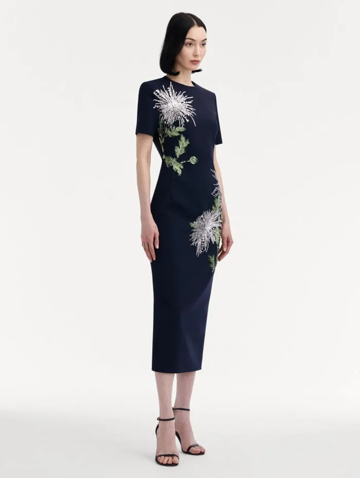 Women Oscar De La Renta Dresses Chrysanthemum Crystal Embroidered Pencil Dress Navy