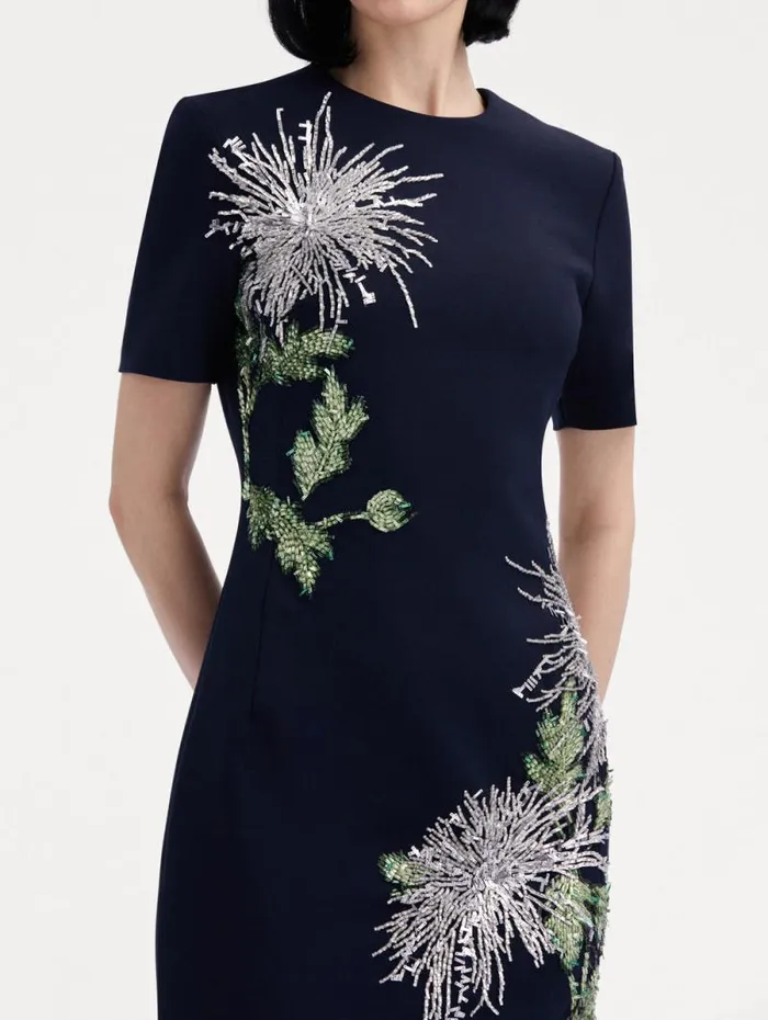Women Oscar De La Renta Dresses Chrysanthemum Crystal Embroidered Pencil Dress Navy