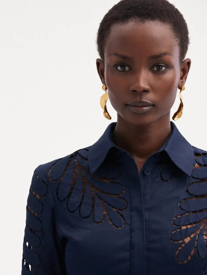 Women Oscar De La Renta Dresses Fern Cutout Cotton Twill Dress Navy