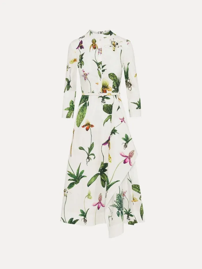 Women Oscar De La Renta Dresses Orchid Cotton Poplin 34 Sleeve Dress White Multi Women Oscar De La Renta Dresses Orchid Cotton Poplin 34 Sleeve Dress White Multi
