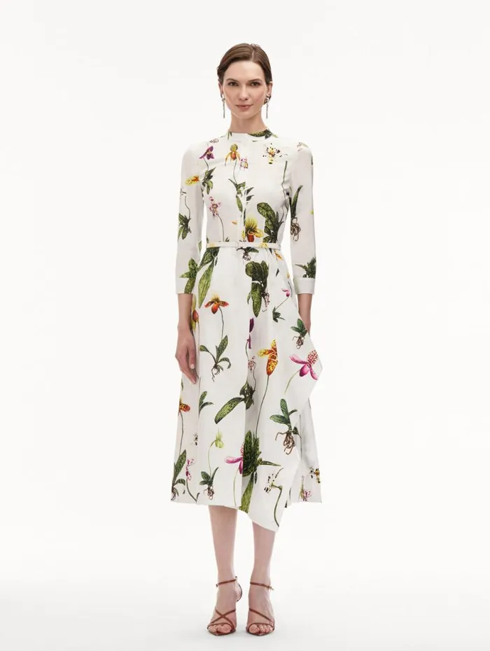 Women Oscar De La Renta Dresses Orchid Cotton Poplin 34 Sleeve Dress White Multi Women Oscar De La Renta Dresses Orchid Cotton Poplin 34 Sleeve Dress White Multi