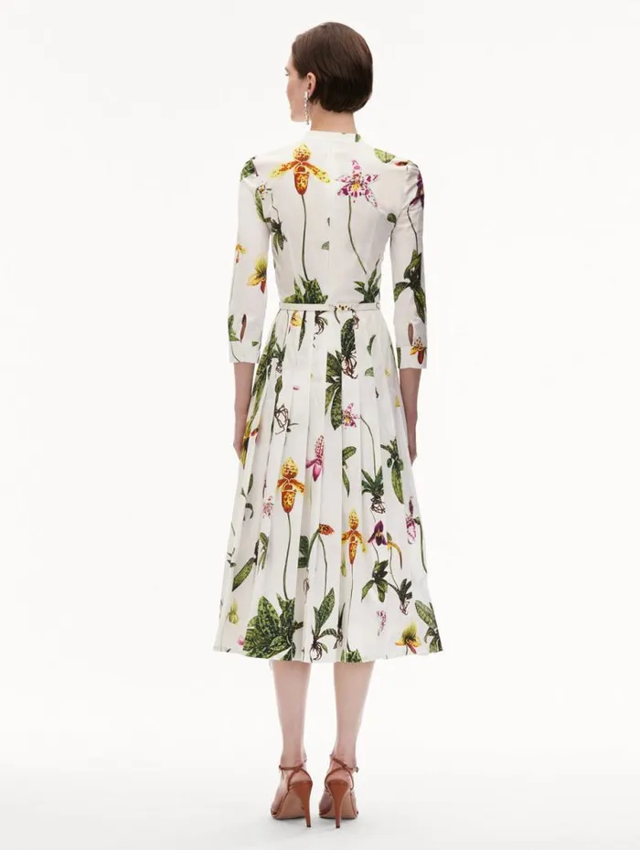 Women Oscar De La Renta Dresses Orchid Cotton Poplin 34 Sleeve Dress White Multi Women Oscar De La Renta Dresses Orchid Cotton Poplin 34 Sleeve Dress White Multi