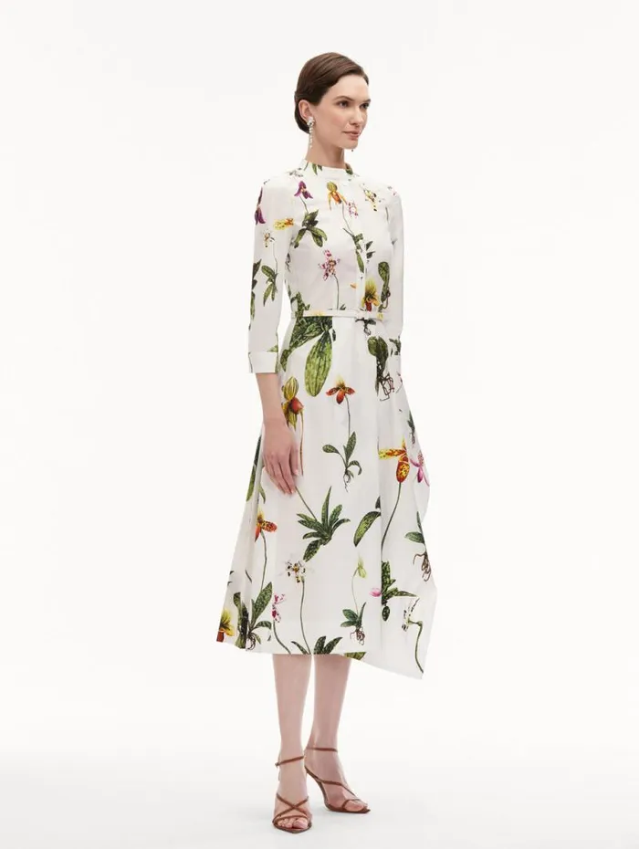 Women Oscar De La Renta Dresses Orchid Cotton Poplin 34 Sleeve Dress White Multi Women Oscar De La Renta Dresses Orchid Cotton Poplin 34 Sleeve Dress White Multi
