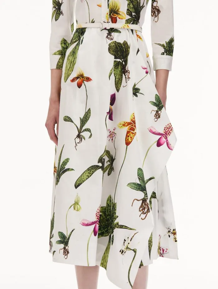 Women Oscar De La Renta Dresses Orchid Cotton Poplin 34 Sleeve Dress White Multi Women Oscar De La Renta Dresses Orchid Cotton Poplin 34 Sleeve Dress White Multi