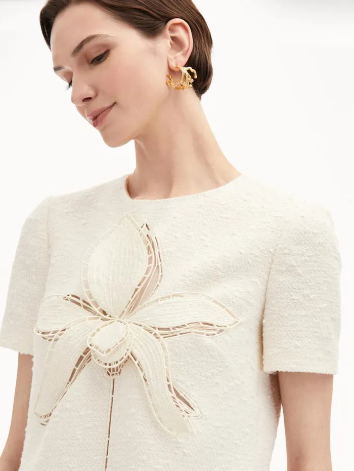 Women Oscar De La Renta Dresses Orchid Embroidered Tweed Shift Dress Ivory Women Oscar De La Renta Dresses Orchid Embroidered Tweed Shift Dress Ivory