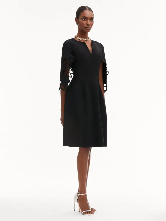 Women Oscar De La Renta Dresses Orchid Sleeve Split Neck Dress Black