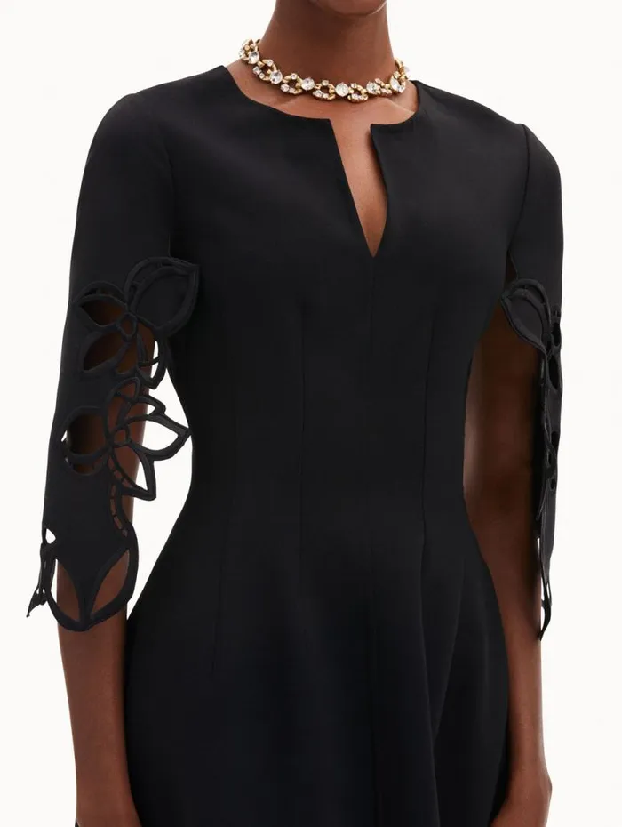 Women Oscar De La Renta Dresses Orchid Sleeve Split Neck Dress Black