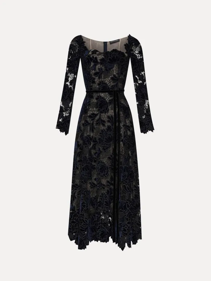 Women Oscar De La Renta Dresses Peony Velvet Guipure Dress Navy