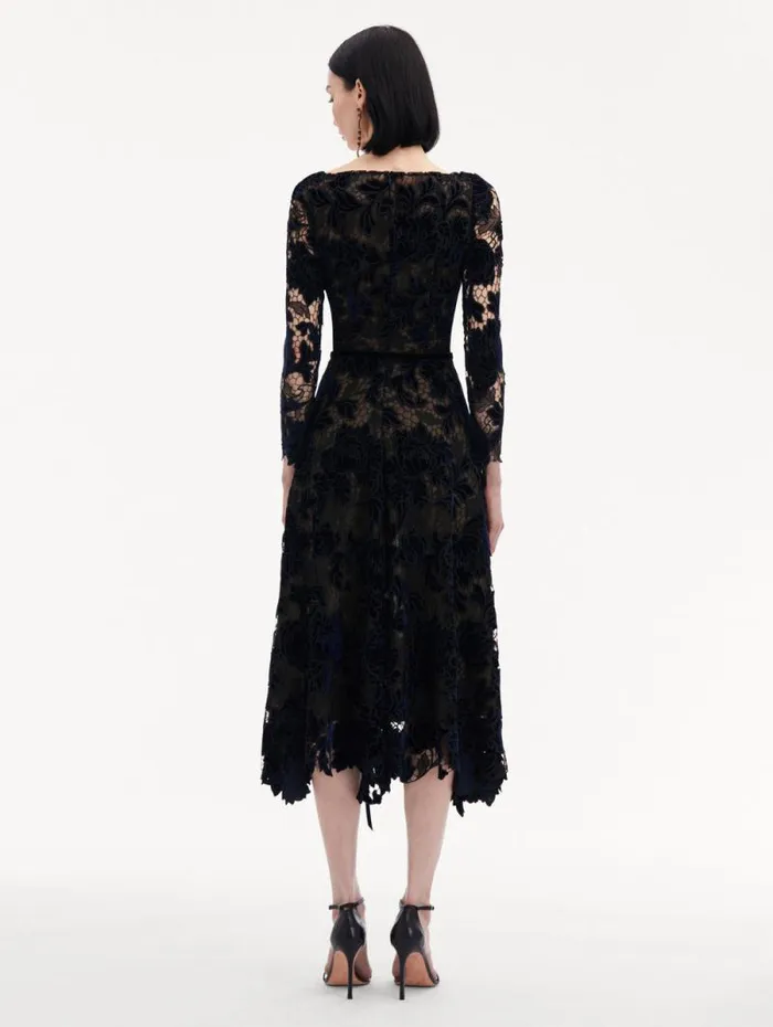 Women Oscar De La Renta Dresses Peony Velvet Guipure Dress Navy Women Oscar De La Renta Dresses Peony Velvet Guipure Dress Navy