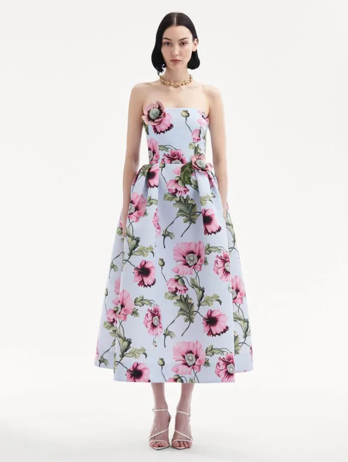 Women Oscar De La Renta Dresses Poppy Embroidered Strapless Dress Light Blue Pink Women Oscar De La Renta Dresses Poppy Embroidered Strapless Dress Light Blue Pink