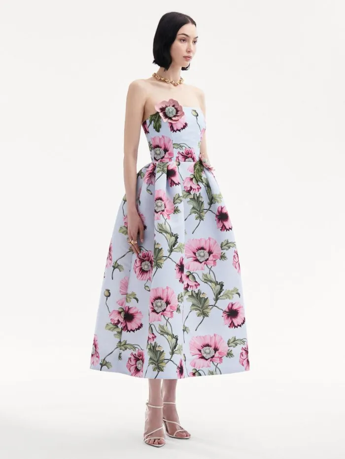 Women Oscar De La Renta Dresses Poppy Embroidered Strapless Dress Light Blue Pink Women Oscar De La Renta Dresses Poppy Embroidered Strapless Dress Light Blue Pink