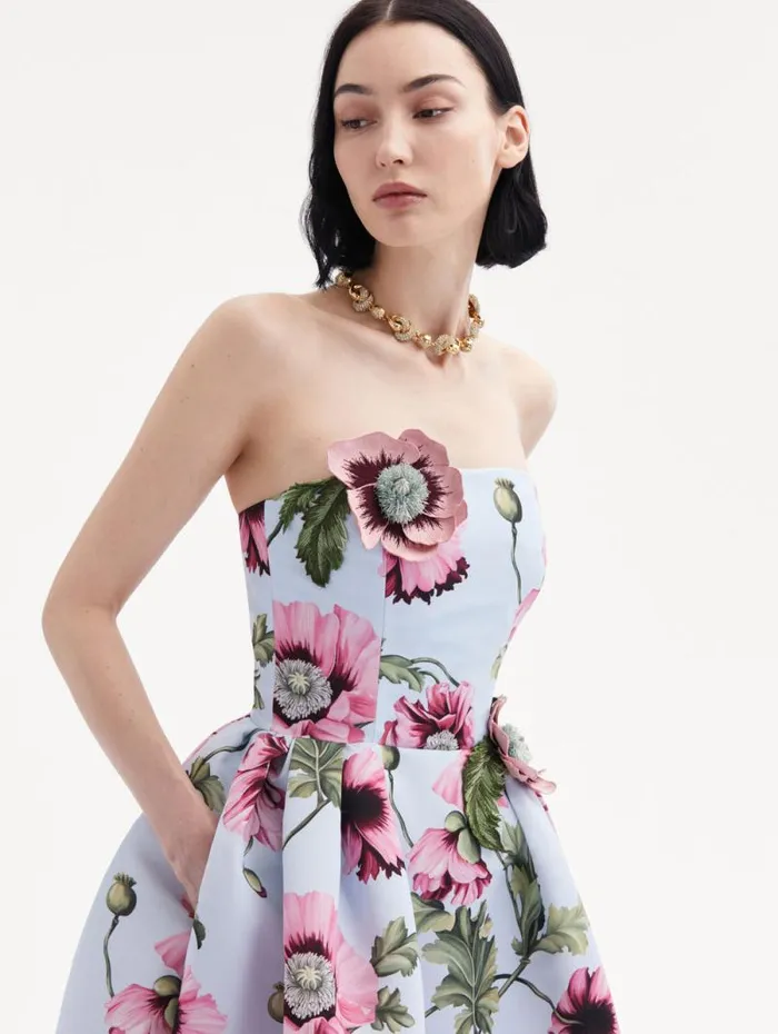 Women Oscar De La Renta Dresses Poppy Embroidered Strapless Dress Light Blue Pink Women Oscar De La Renta Dresses Poppy Embroidered Strapless Dress Light Blue Pink