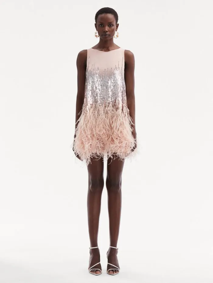 Women Oscar De La Renta Dresses Sequin and Feather Embroidered Dress Blush