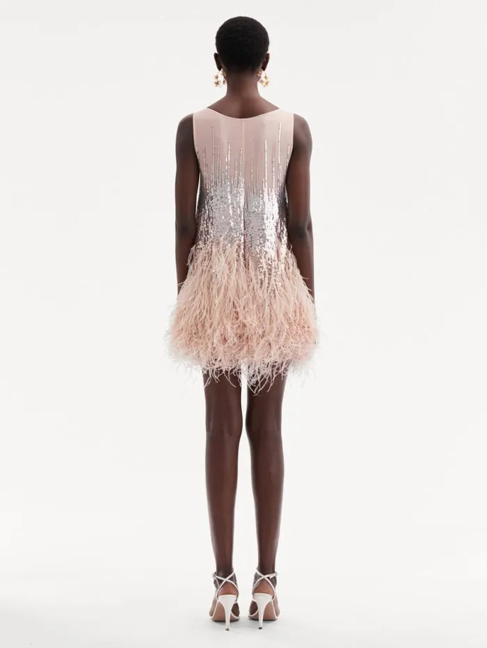 Women Oscar De La Renta Dresses Sequin and Feather Embroidered Dress Blush