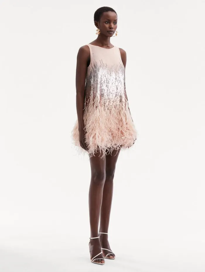 Women Oscar De La Renta Dresses Sequin and Feather Embroidered Dress Blush