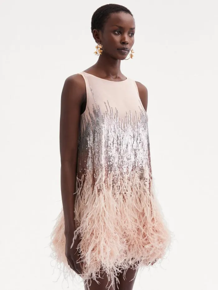 Women Oscar De La Renta Dresses Sequin and Feather Embroidered Dress Blush