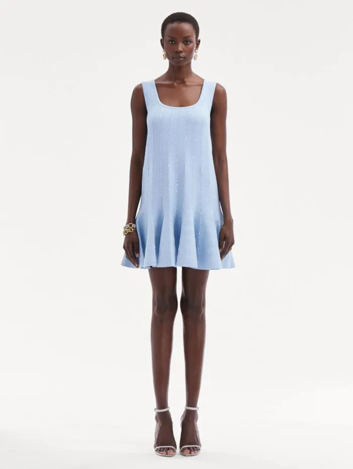 Women Oscar De La Renta Dresses Sequin Embroidered Knit Mini Dress Light Blue