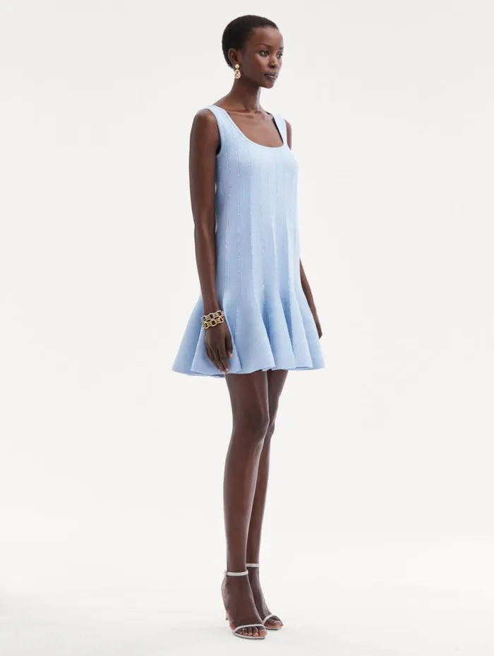 Women Oscar De La Renta Dresses Sequin Embroidered Knit Mini Dress Light Blue
