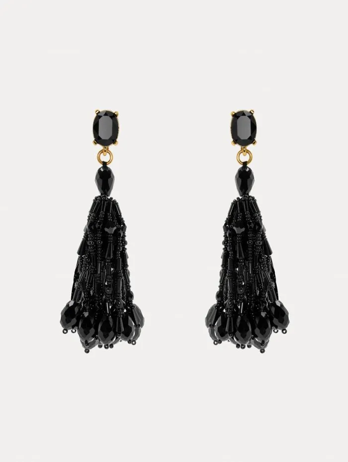 Women Oscar De La Renta Earrings Beaded Tassel ClipOn Earrings Jet