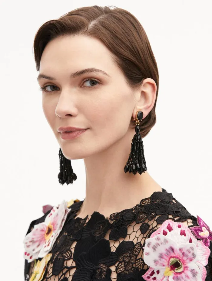 Women Oscar De La Renta Earrings Beaded Tassel ClipOn Earrings Jet