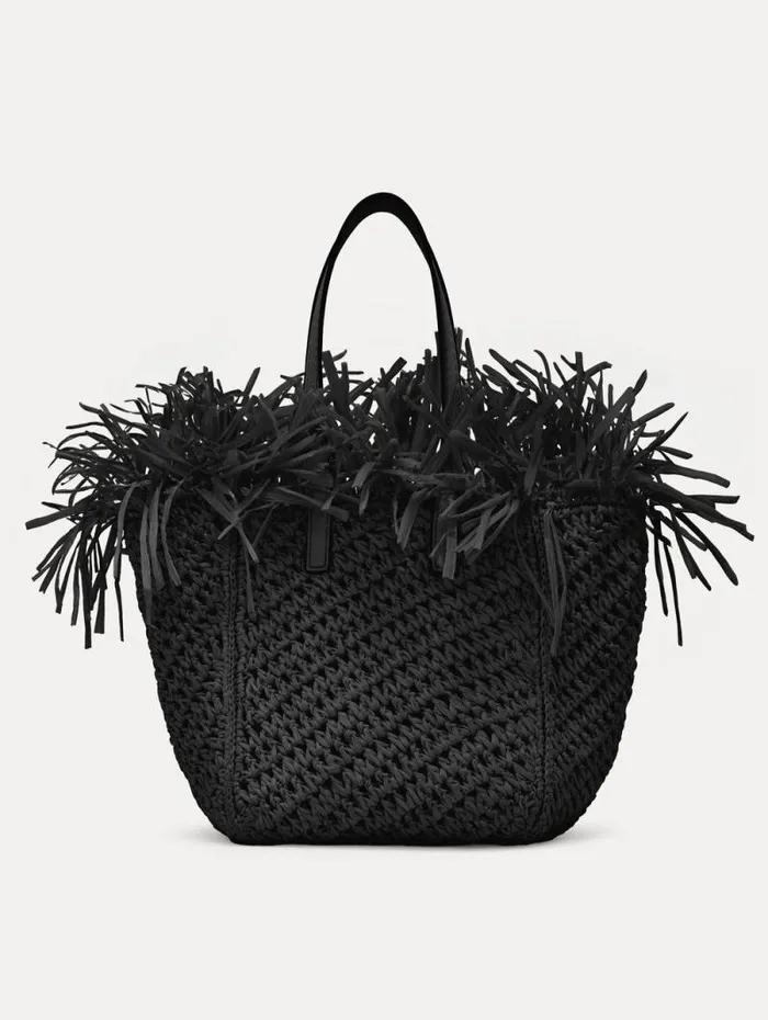 Women Oscar De La Renta Handbags Small Raffia Crochet Square Tote Black
