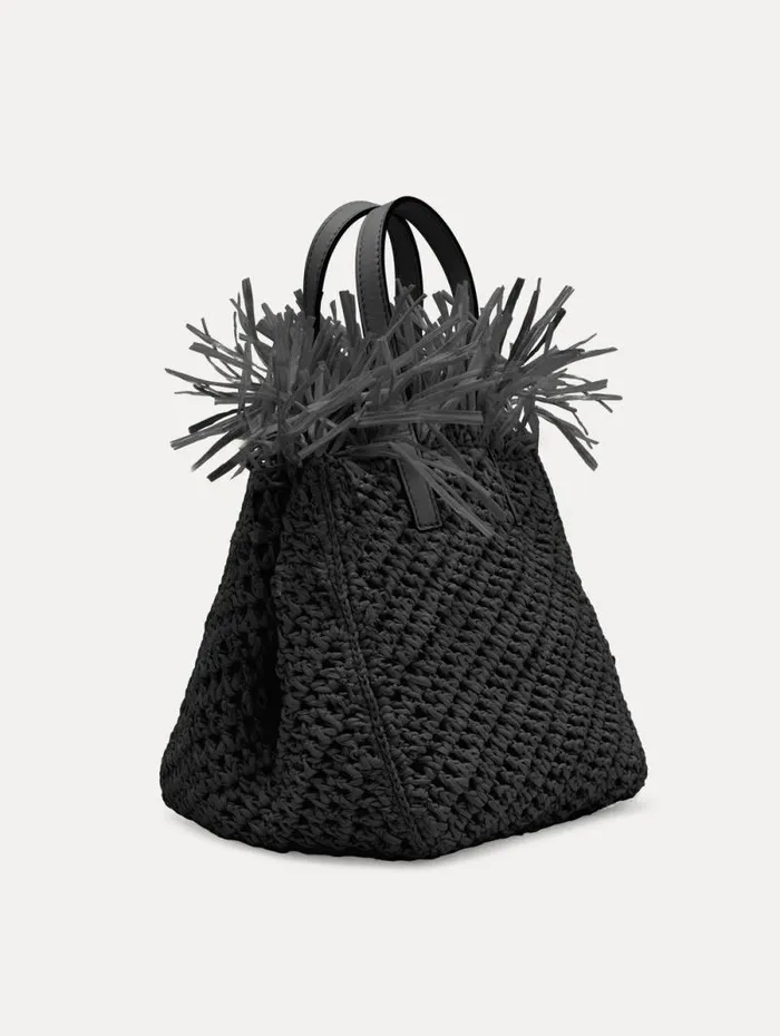 Women Oscar De La Renta Handbags Small Raffia Crochet Square Tote Black