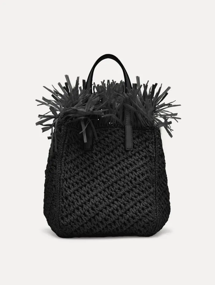 Women Oscar De La Renta Handbags Small Raffia Crochet Square Tote Black