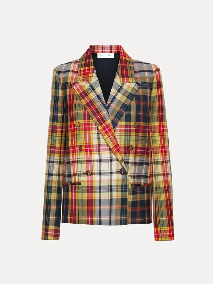 Women Oscar De La Renta Jackets and Coats Double Breasted Plaid Jacket Navy Multi Women Oscar De La Renta Jackets and Coats Double Breasted Plaid Jacket Navy Multi
