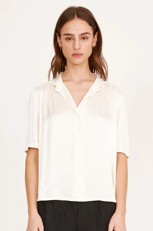 Women Pebble Satin Washed White Victory Blouse Raquel Allegra Tops