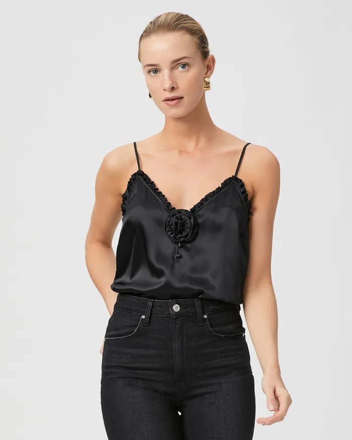 Women Reina Cami Rosette 8211 Black Silk Satin Tops and Blouses PAIGE