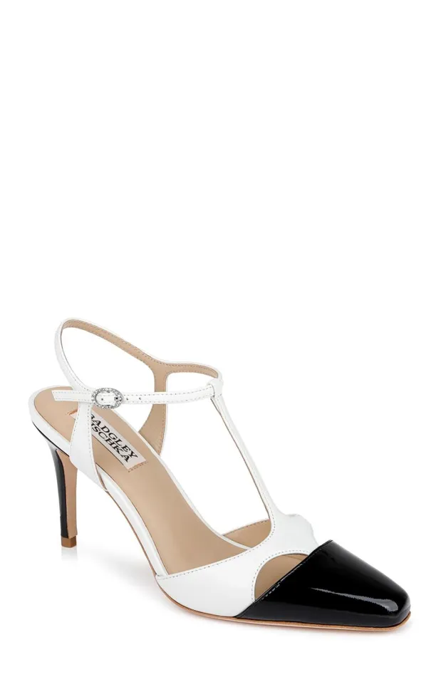 Women Stiletto Badgley Mischka Aurelia Capped Toe TStrap Stiletto Heels Black Leather